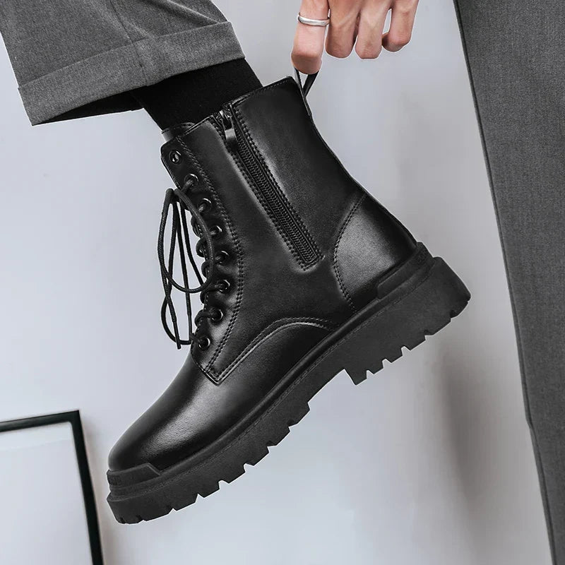 Black men's ankle combat boots with secure lace-up closure, functional side zip, and tough durable design.