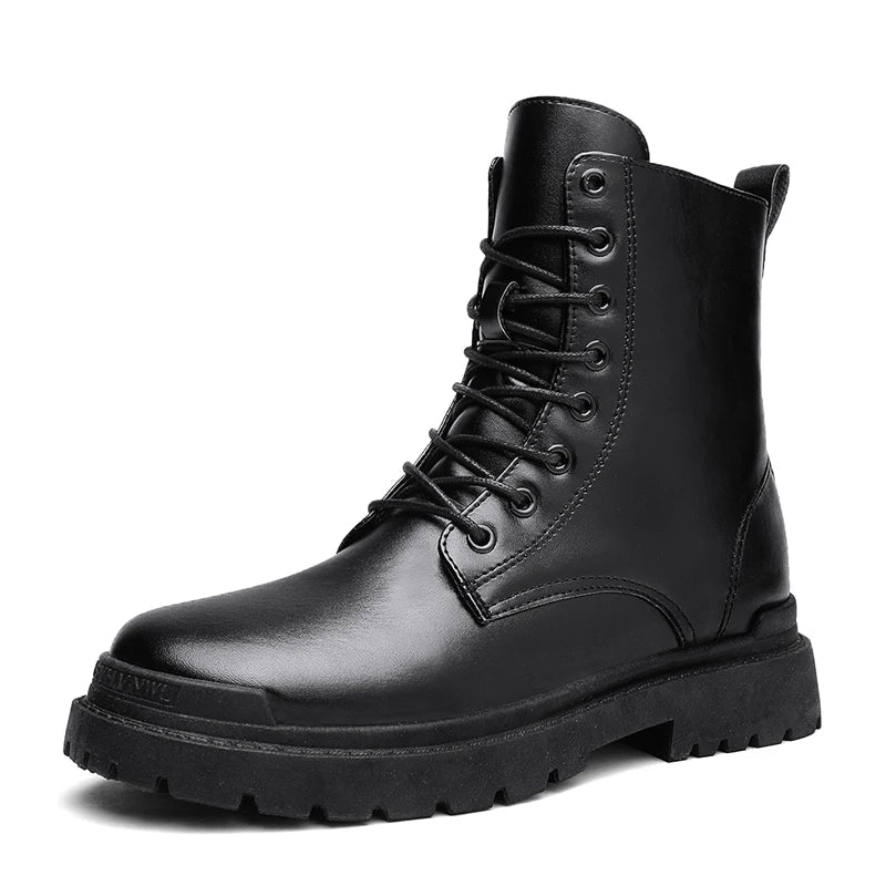 Durable black men's combat boots, military style, with lace-up security & side zip for practical, rugged wear.