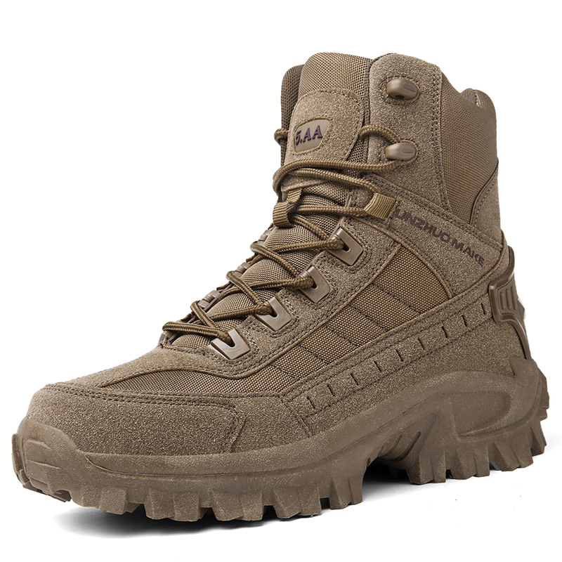 Heavy-duty men's work boots, waterproof for hiking & tactical use, superior grip.