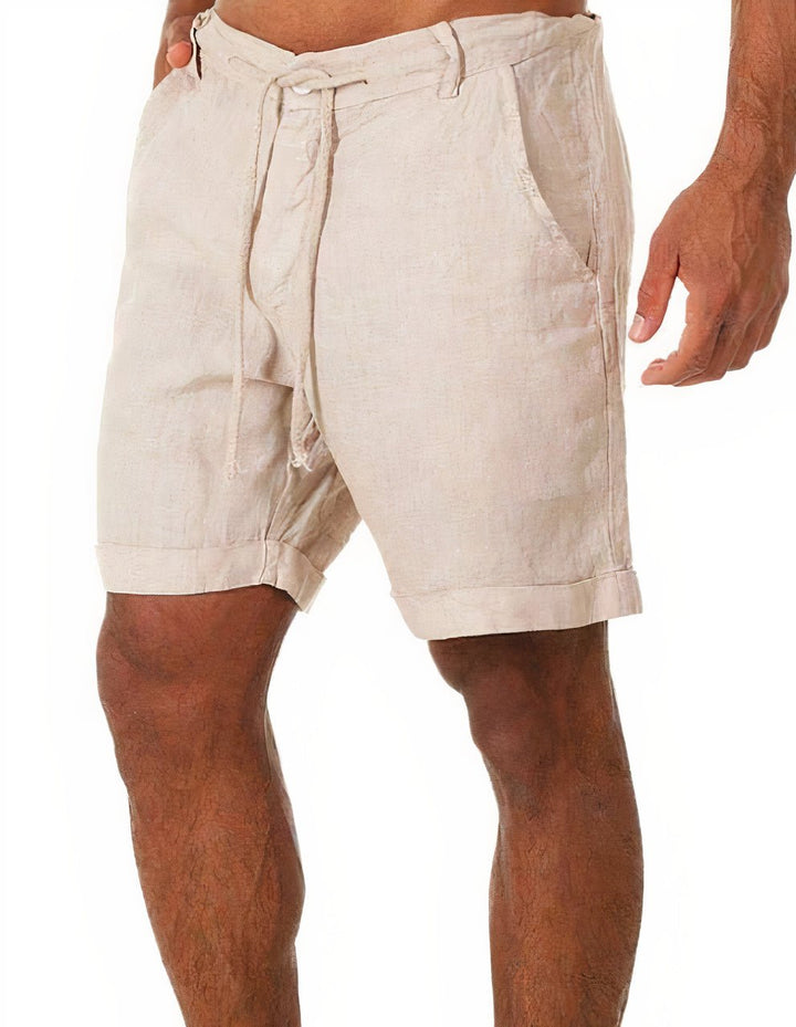 Men's cuffed drawstring linen shorts, perfect for versatile summer casual wear.