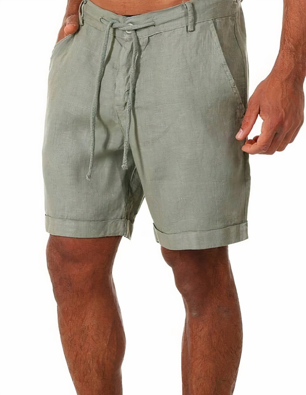 Men's mid-length linen drawstring shorts in a casual summer outfit, relaxed fit fashion.