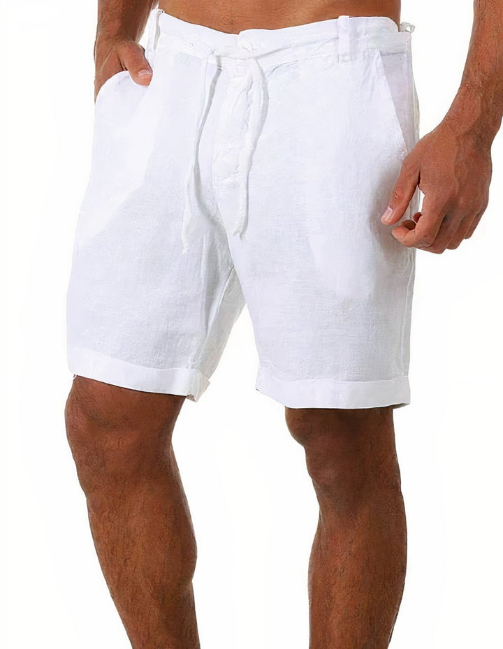 Breathable linen men's drawstring shorts, cuffed and mid-length, excellent for warm weather.