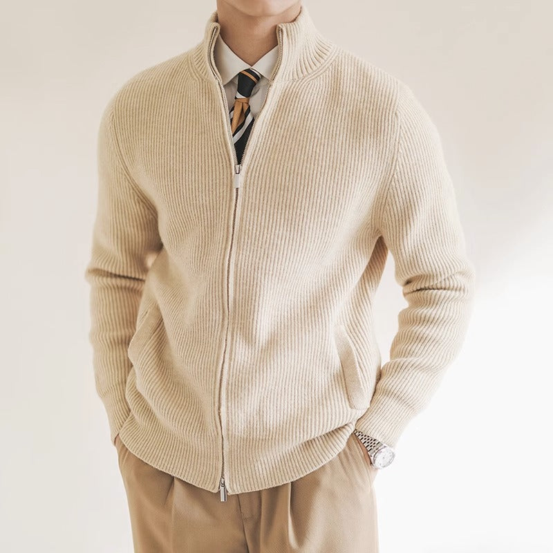 Men's full zip ribbed stand collar cardigan in a classic fit, perfect for casual wear & everyday comfort.