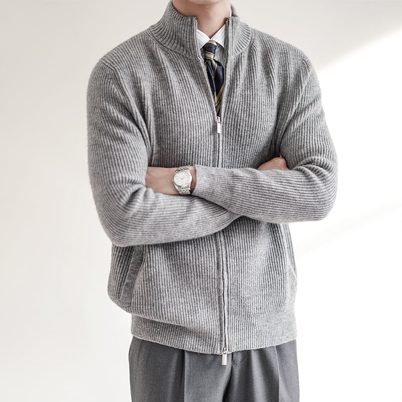 Stylish men's ribbed full zip cardigan with stand collar, ideal for fall fashion, winter layering & smart casual looks.