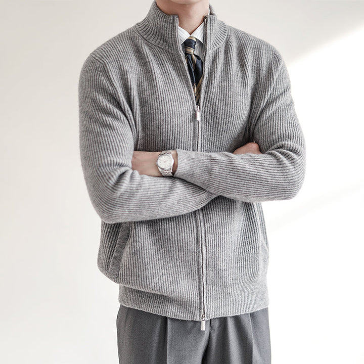Stylish men's ribbed full zip cardigan with stand collar, ideal for fall fashion, winter layering & smart casual looks.