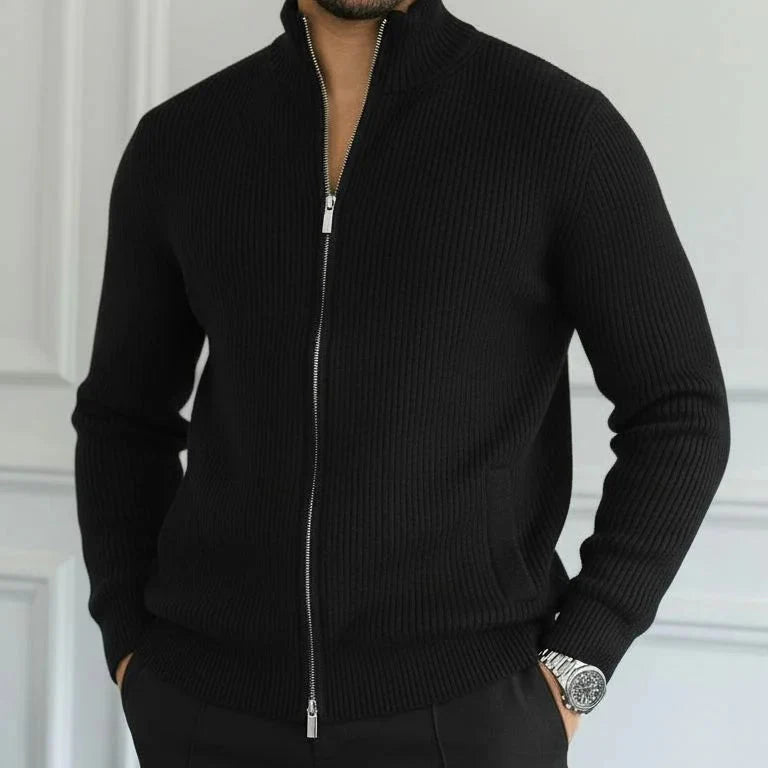 Comfortable men's long sleeve ribbed full zip cardigan featuring a stand collar, great for everyday men's fashion.