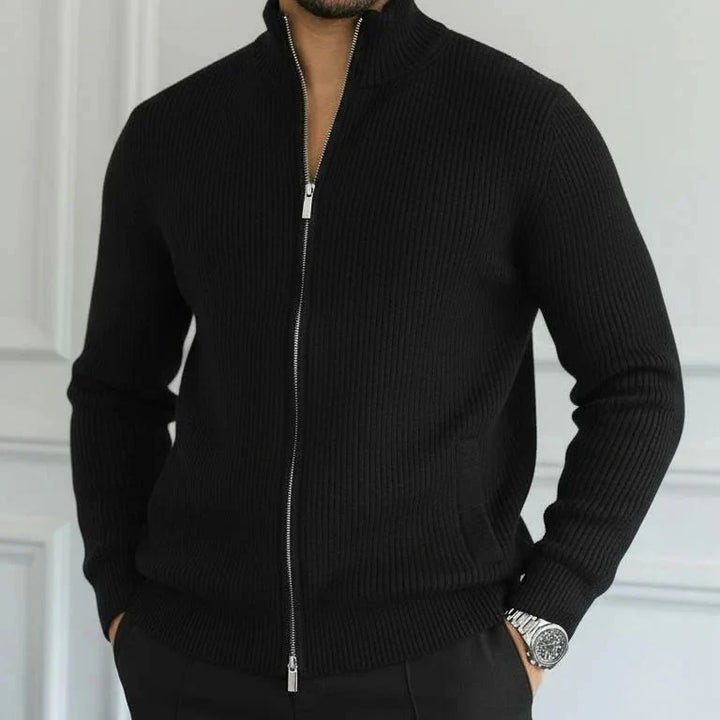 Comfortable men's long sleeve ribbed full zip cardigan featuring a stand collar, great for everyday men's fashion.