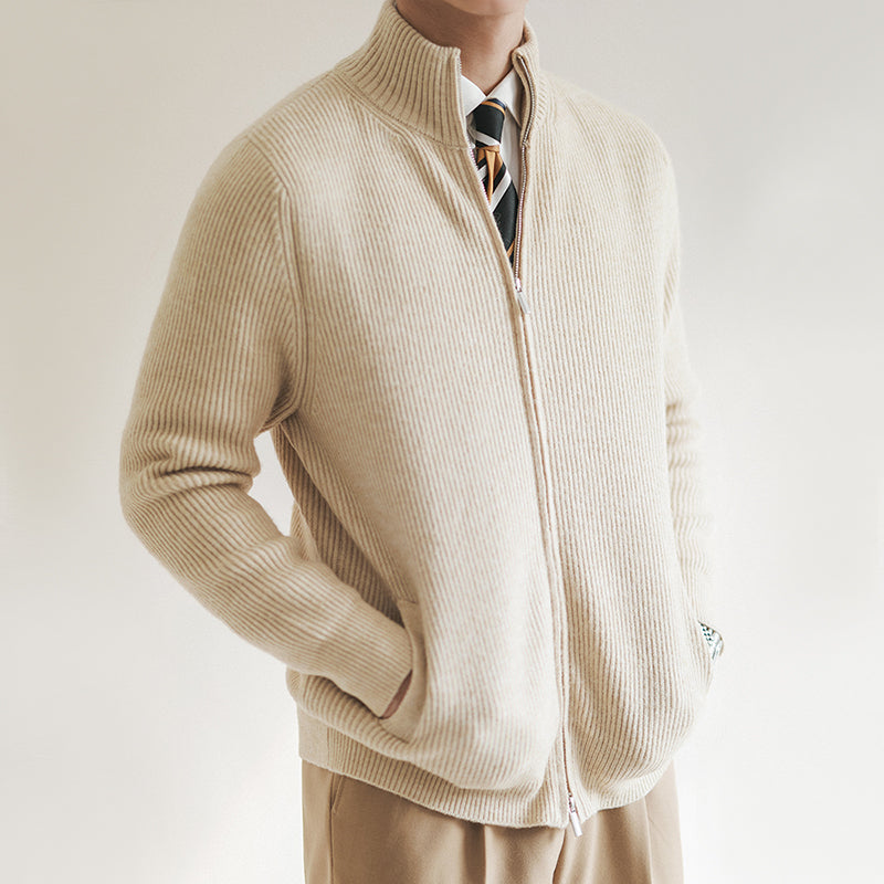 Versatile men's ribbed full zip stand collar cardigan, a cozy winter essential & smart casual layering piece.