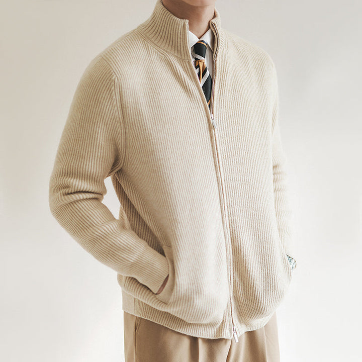 Versatile men's ribbed full zip stand collar cardigan, a cozy winter essential & smart casual layering piece.