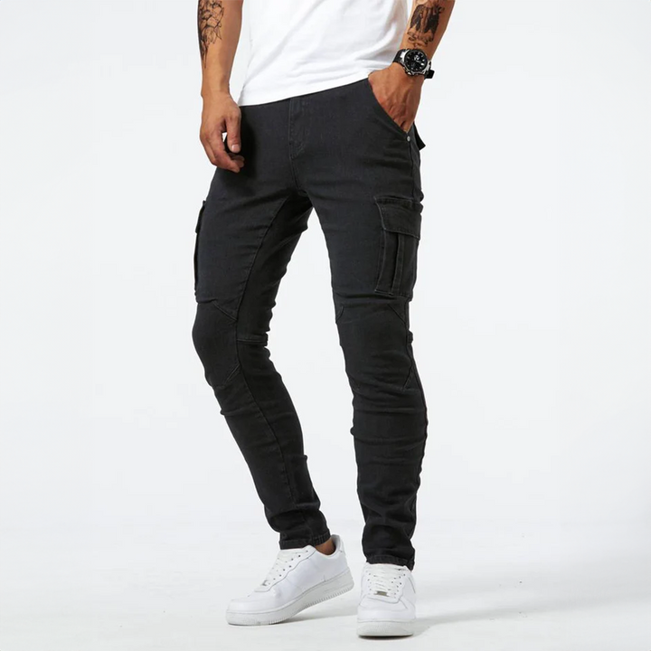Versatile men's utility cargo pants, slim fit design with practical side pockets for comfort.