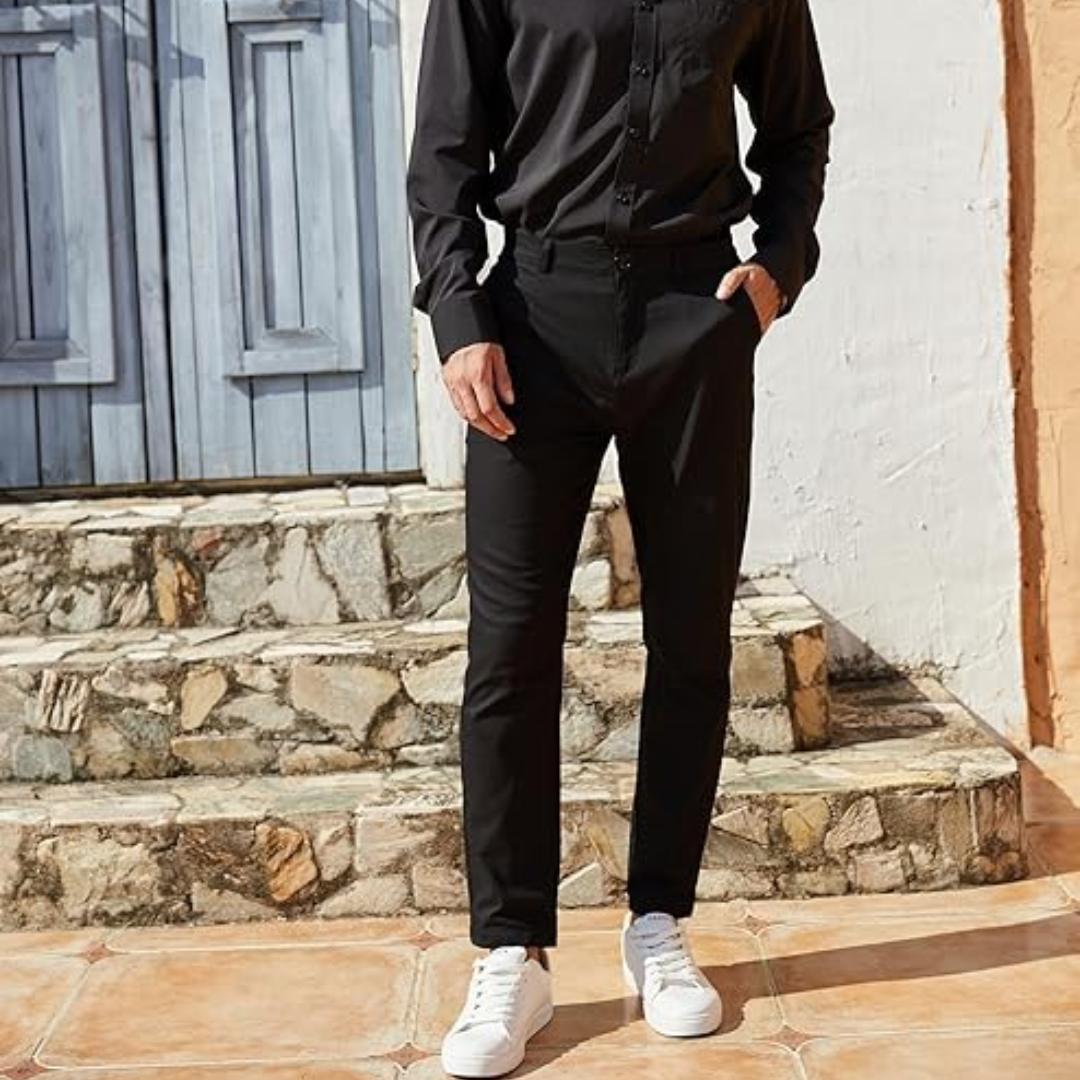 Stylish men's slim fit trousers, versatile for business casual or weekend wear, essential wardrobe item.