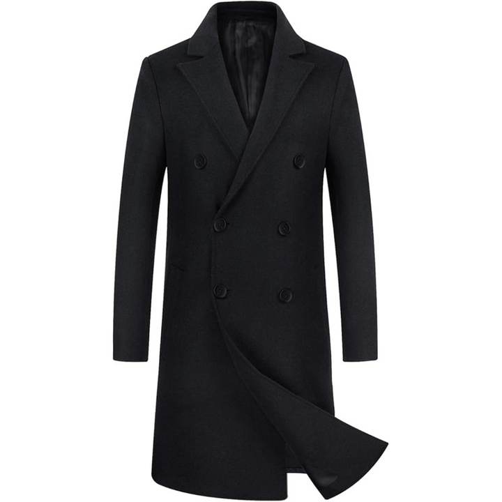 Warm men's wool-blend long coat, a classic trench for elevated winter style and comfort.