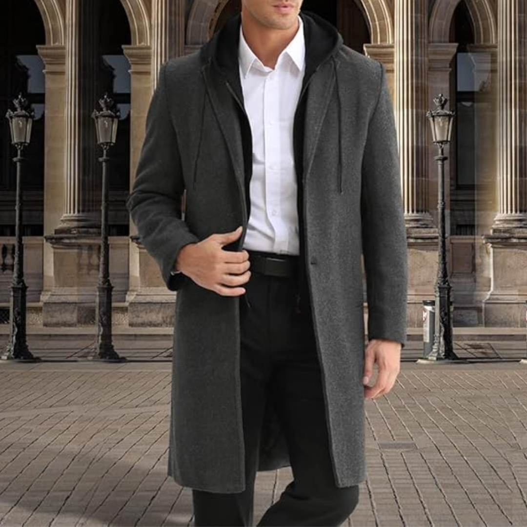 Men's long classic trench coat, a stylish wool-blend jacket for elegant winter outerwear.