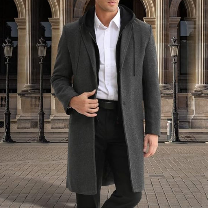 Men's long classic trench coat, a stylish wool-blend jacket for elegant winter outerwear.