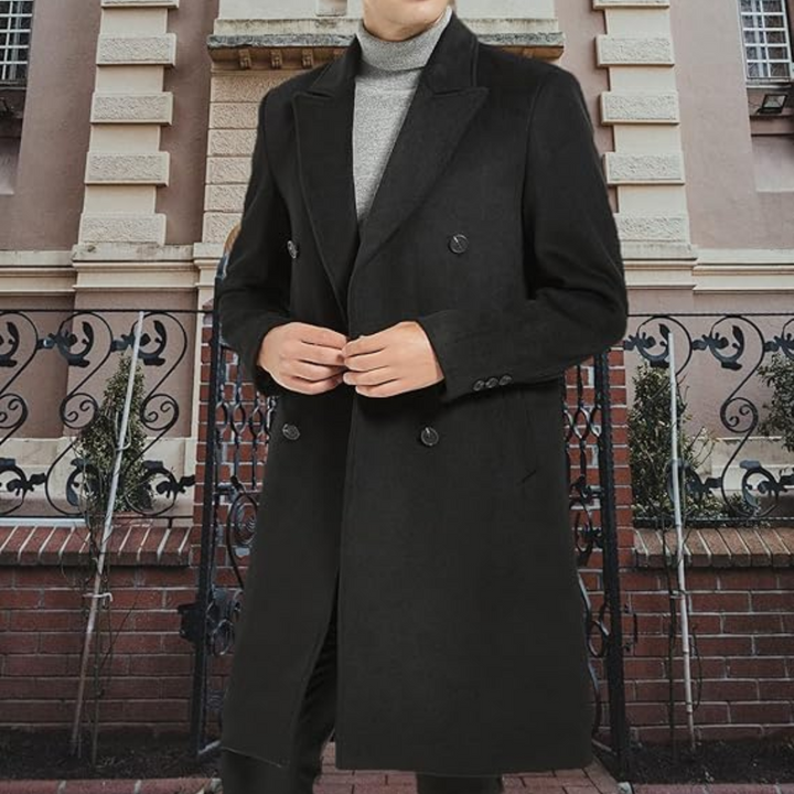 Men's classic wool-blend trench coat, a stylish long overcoat perfect for winter formal and casual wear.