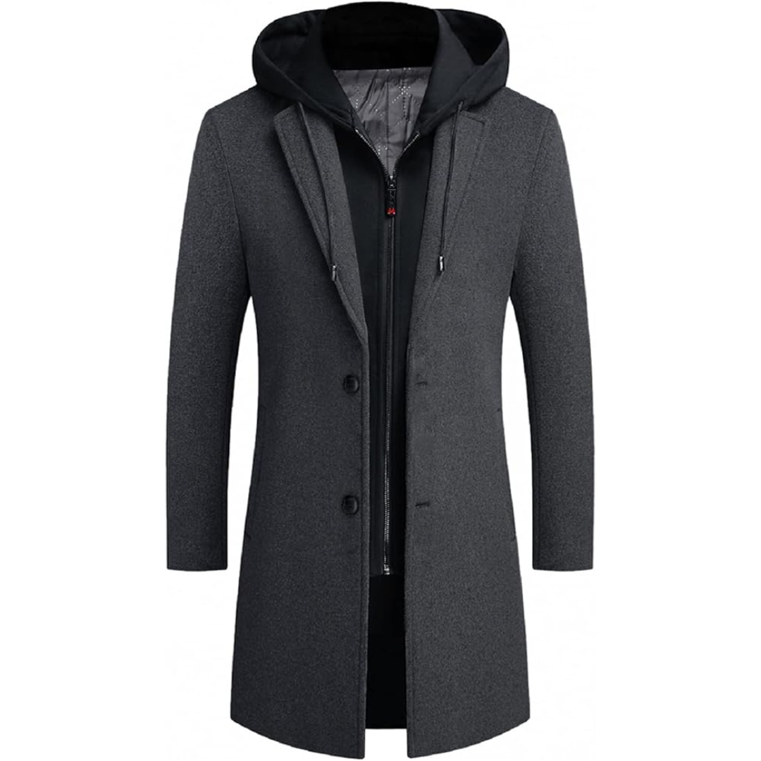 Elegant men's wool-blend overcoat, a timeless classic trench jacket for winter warmth.