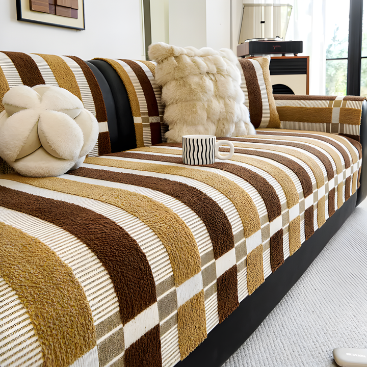 Coffee-colored chenille sofa slipcover, mid-century style, pet-friendly home decor furniture protection