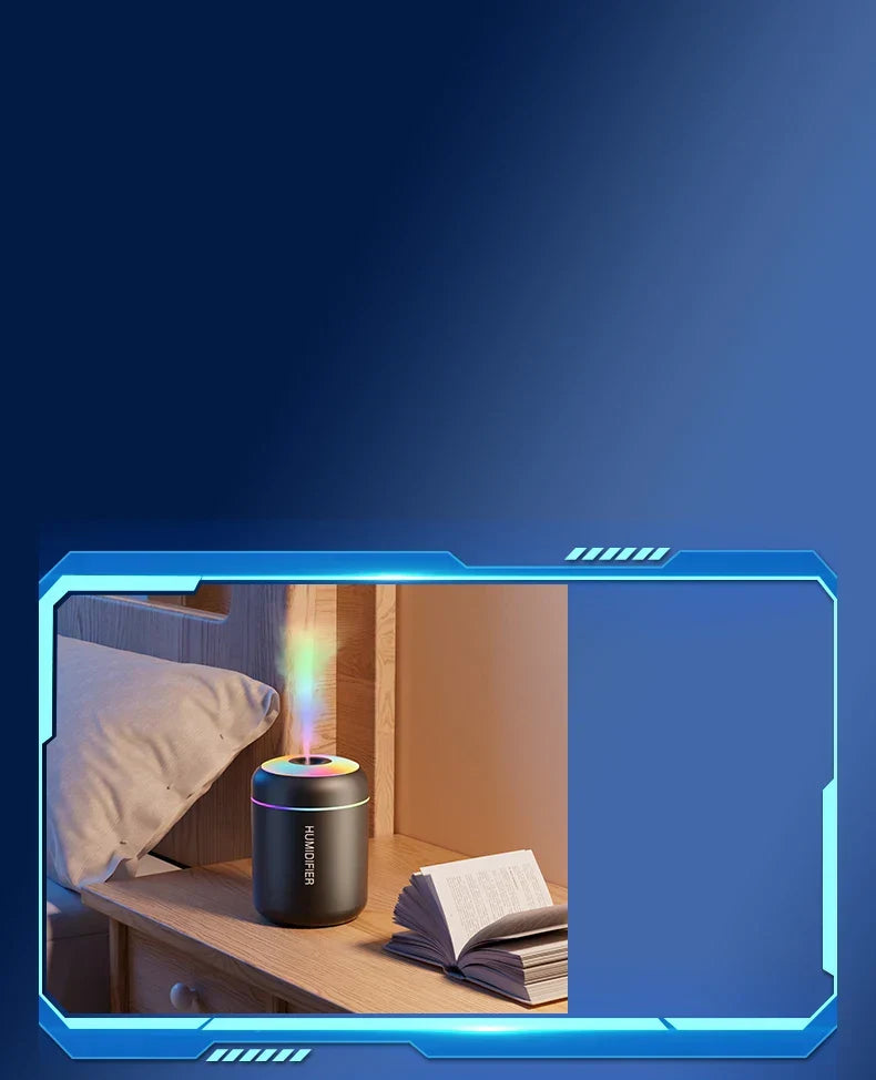 Compact USB humidifier with essential oil diffusion. Perfect for bedroom relaxation.