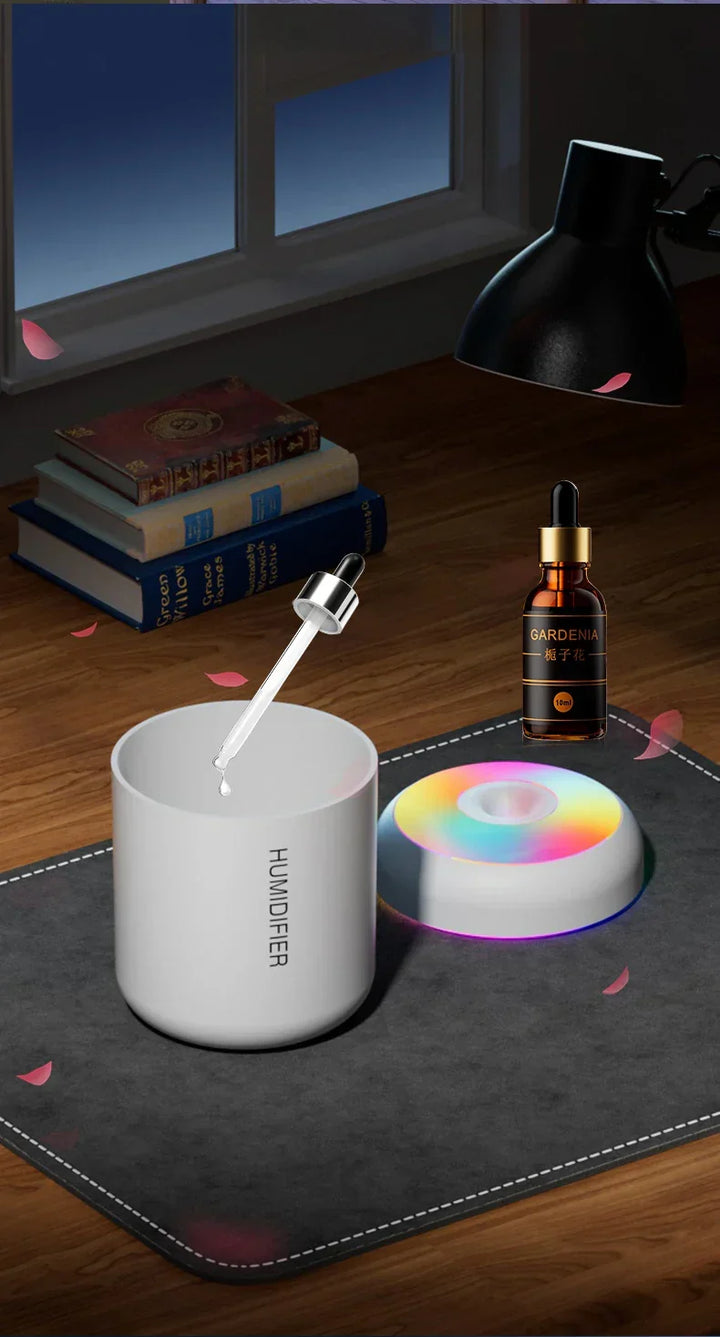 Mini air humidifier for car & bedroom. USB charged, quiet operation for better air.