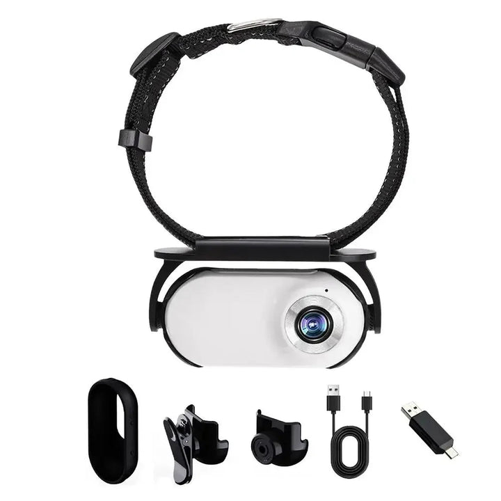 Mini pet collar camera with wide-angle lens, perfect for capturing dog adventures in HD video.