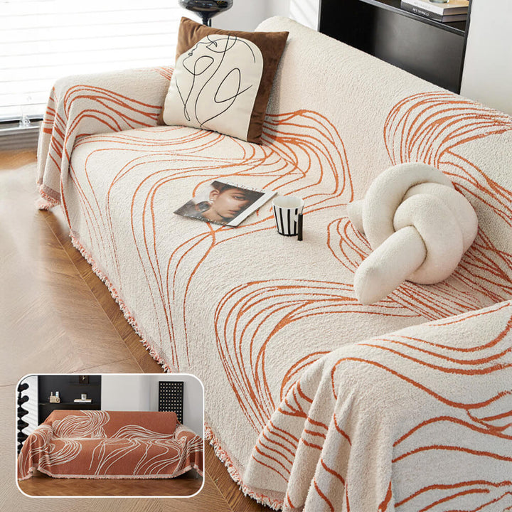 Full shot of a living room with a pet-friendly couch cover on a sofa, protecting furniture
