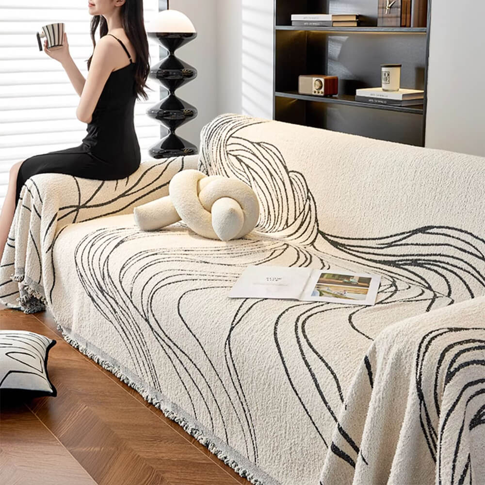 Detail of the border of a chenille sofa cover, illustrating quality and design