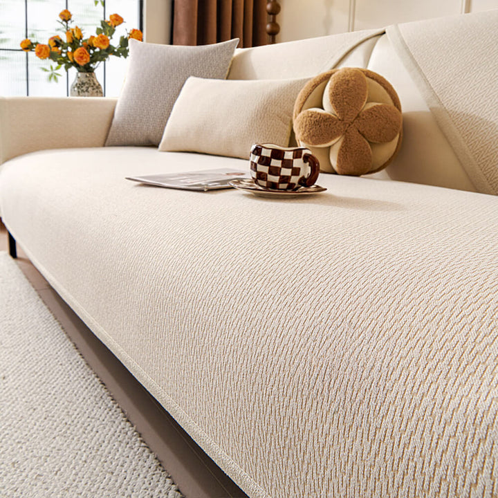 Textured gray chenille couch cover, scratch resistant and machine washable home decor