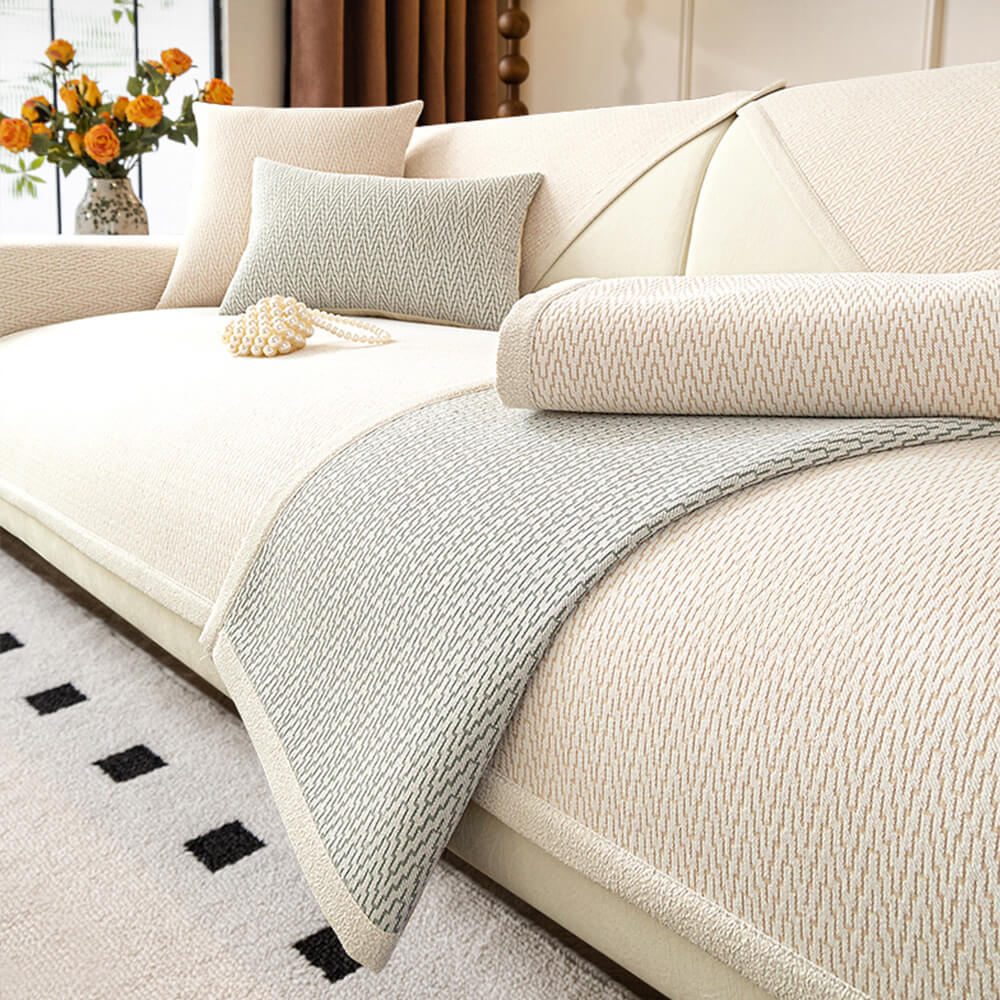 Close-up of soft chenille fabric on a sofa cover, highlighting pet-friendly texture