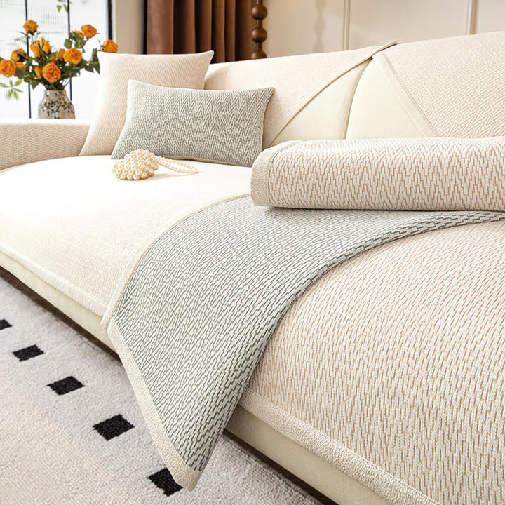 Close-up of soft chenille fabric on a sofa cover, highlighting pet-friendly texture