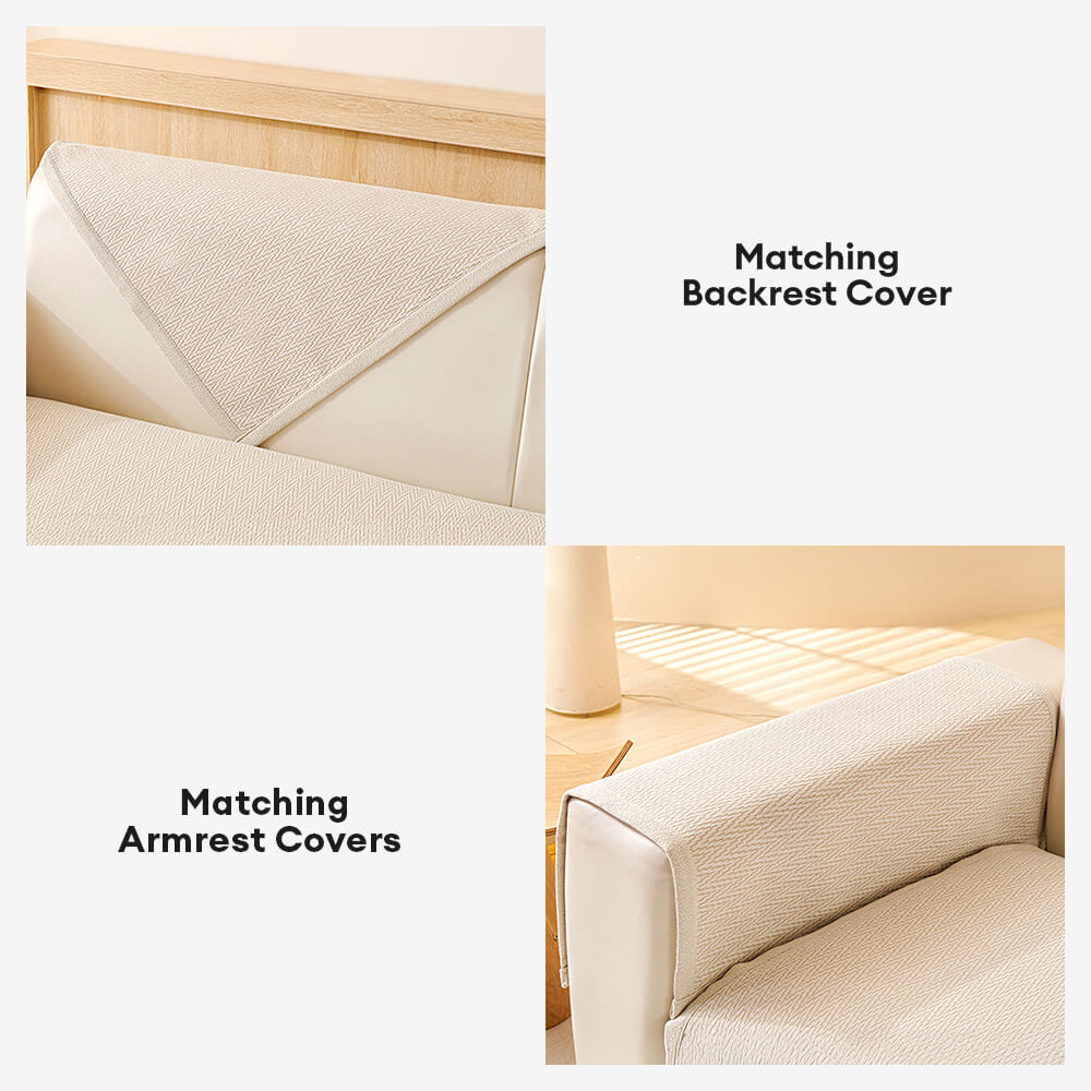 Beige chenille pet-friendly sofa cover protecting a three-seater couch, home essential