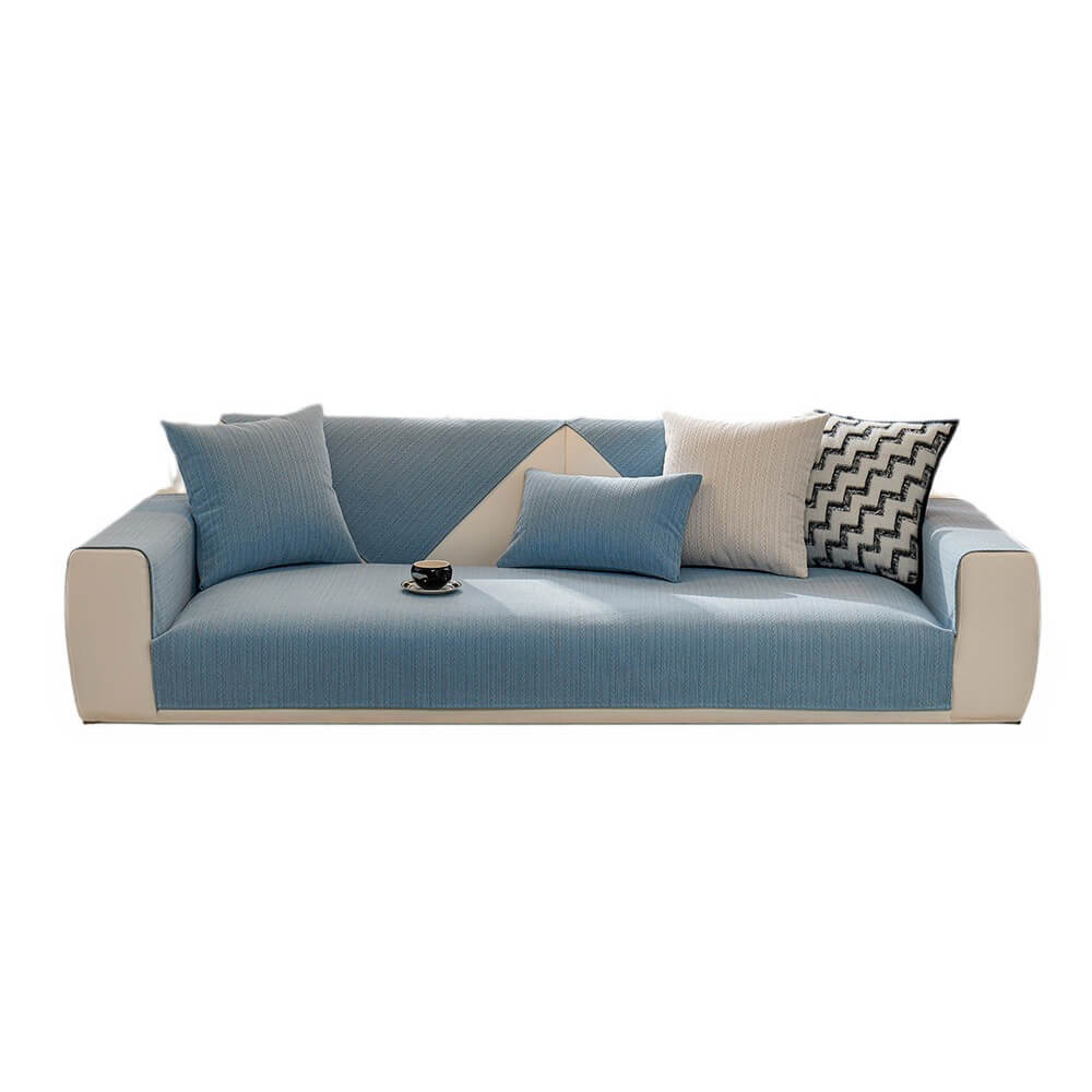 Textured chenille couch slipcover, wheat stripe, offering premium furniture protection and style.