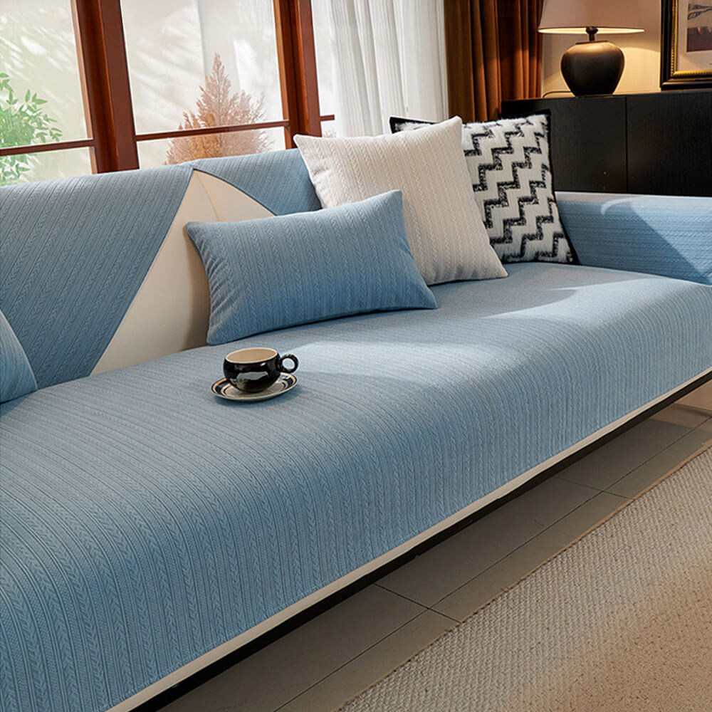 Beige chenille couch cover with subtle wheat stripe, non-slip, perfect for modern home decor.
