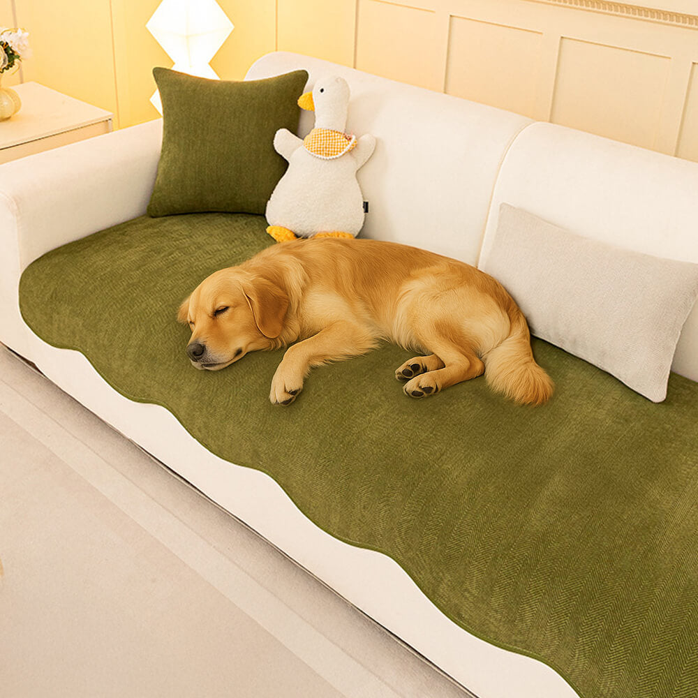 Pet-friendly chenille sofa protector with herringbone pattern and wavy edge, machine washable home decor.