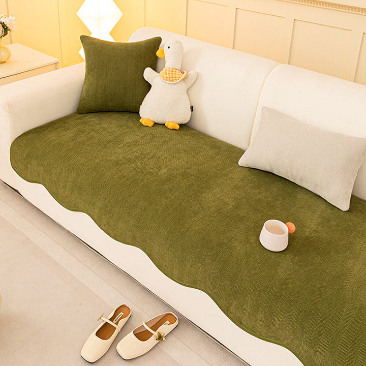 Machine washable chenille couch cover with a subtle herringbone pattern, ideal for pet owners and minimalist decor.