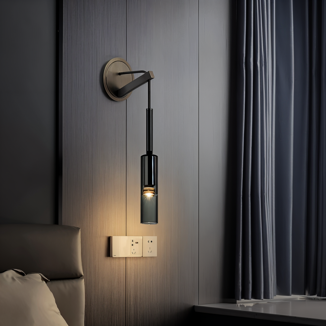 Sophisticated smoke glass wall lamp with minimalist design and sleek metal frame for modern living.