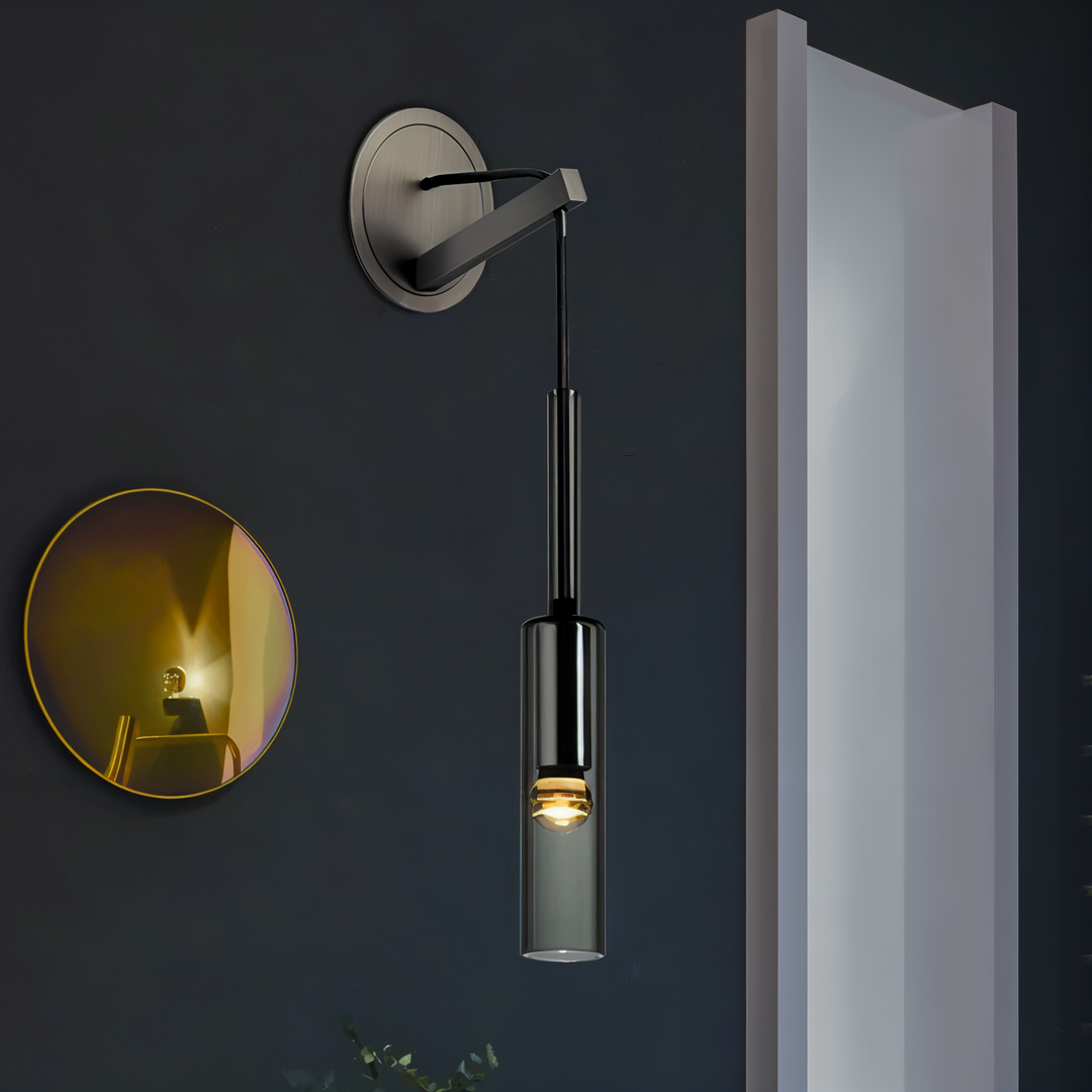 Elegant contemporary wall lamp, featuring beautiful smoke glass shade and sturdy copper structure.