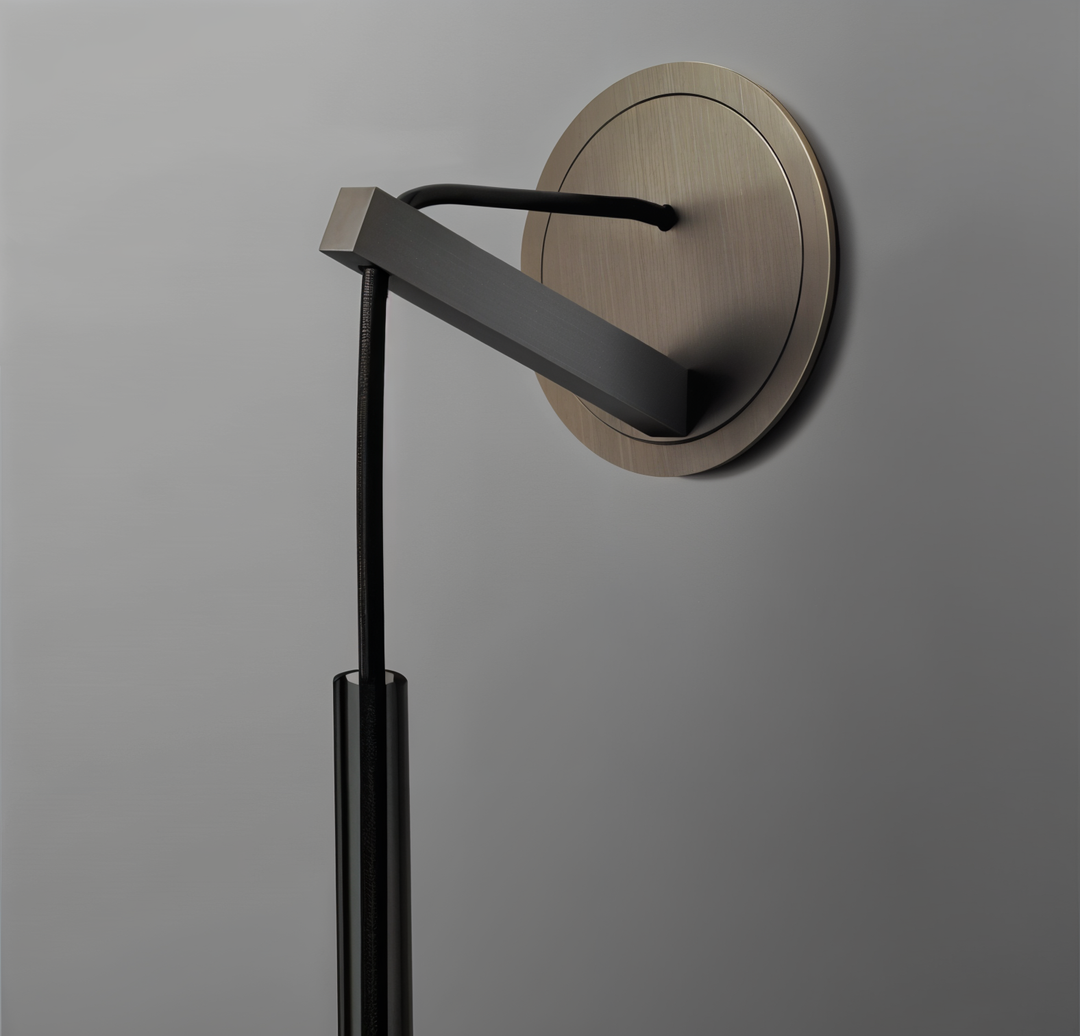 Modern LED wall lamp with minimalist design, round smoke glass, ideal for elegant space-saving lighting.
