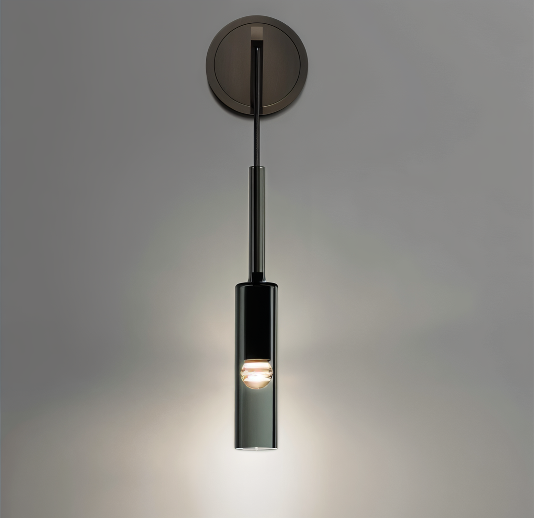 Stylish minimalist LED wall lamp, smoke glass globe, and copper base for contemporary home decor.