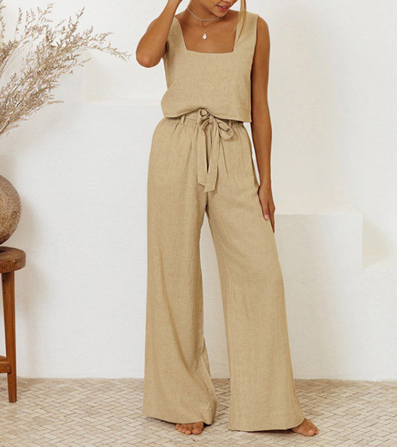 Minimalist women's two-piece set: elegant square neck top & wide-leg pants for a chic, versatile look.