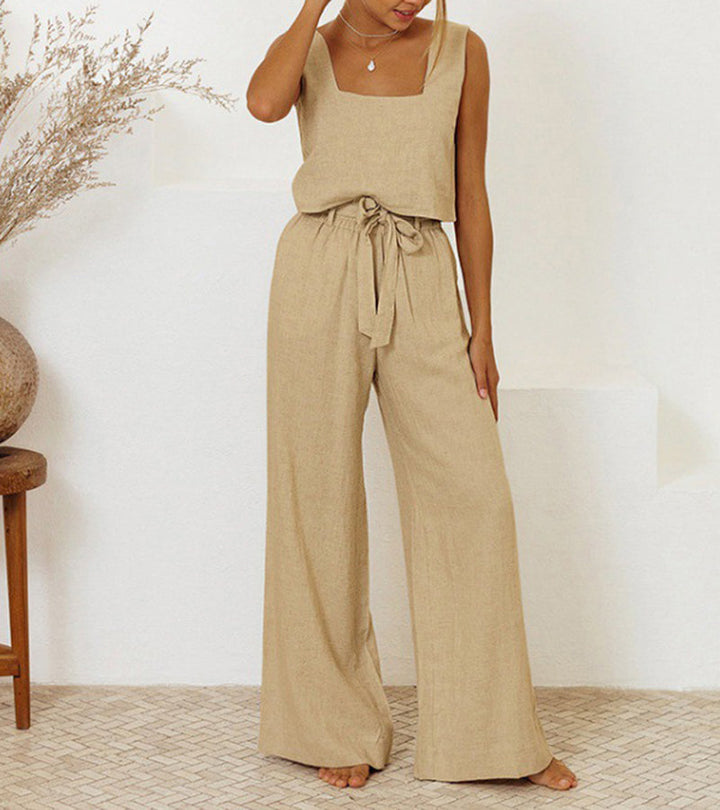 Minimalist women's two-piece set: elegant square neck top & wide-leg pants for a chic, versatile look.