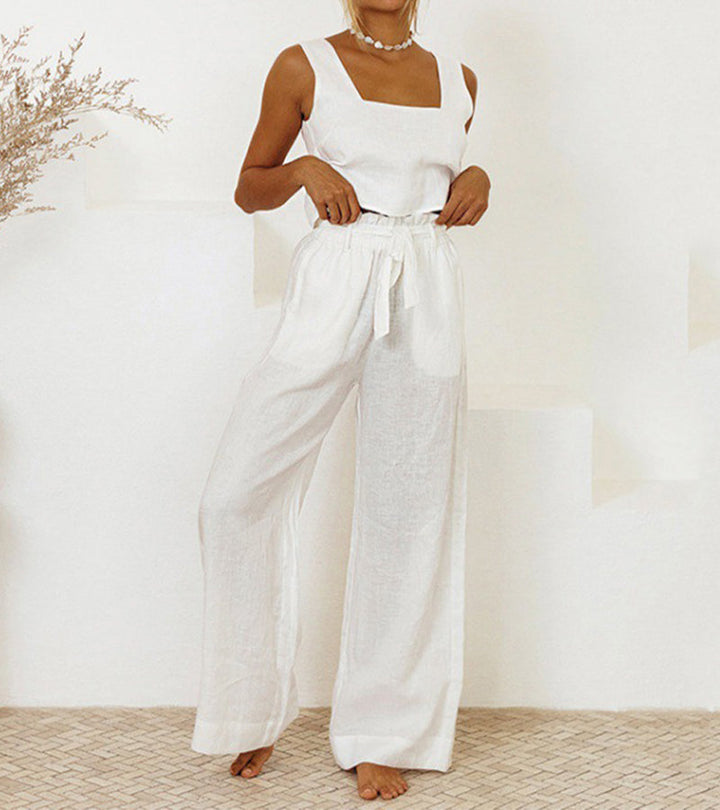 Stylish women's wide-leg pants & square neck top matching set; perfect casual elegant spring/summer outfit.