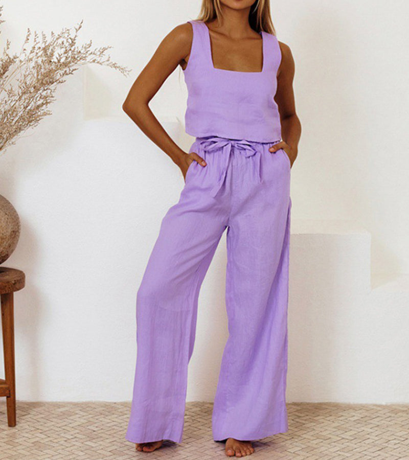 Chic women's two-piece set featuring a square neck top & flowy wide-leg pants for effortless style.