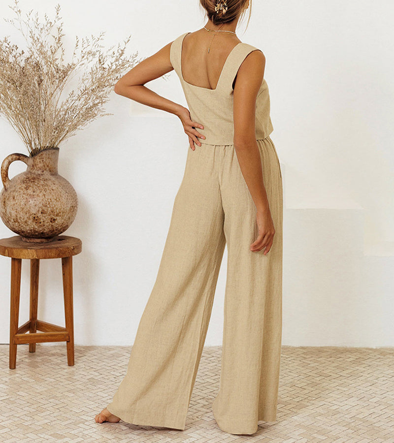 Elegant square neck top & wide-leg pants two-piece set for women. Versatile, minimalist fashion.
