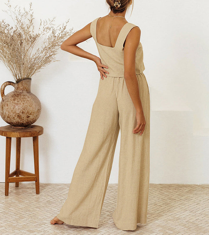 Elegant square neck top & wide-leg pants two-piece set for women. Versatile, minimalist fashion.