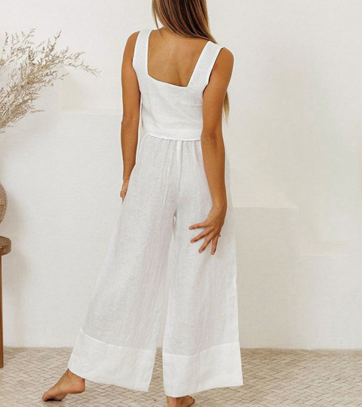 Effortless women's two-piece set: a minimalist square neck top paired with comfortable wide-leg pants.