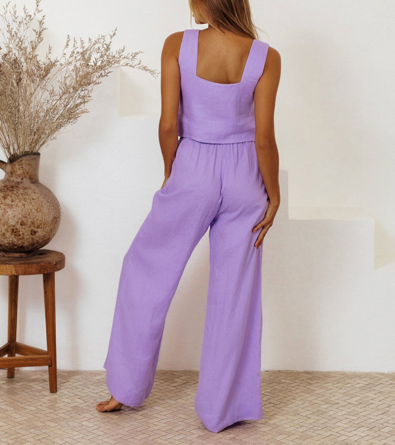 Casual elegant women's two-piece set: square neck top & wide-leg pants for a comfortable, chic outfit.