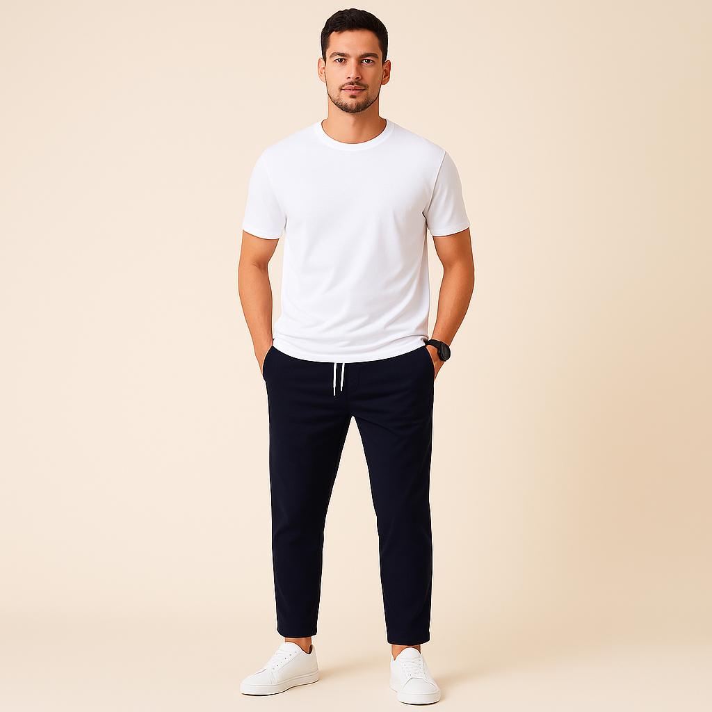 Men's slim fit drawstring pants in a versatile color, perfect for casual, athleisure, or travel wear.