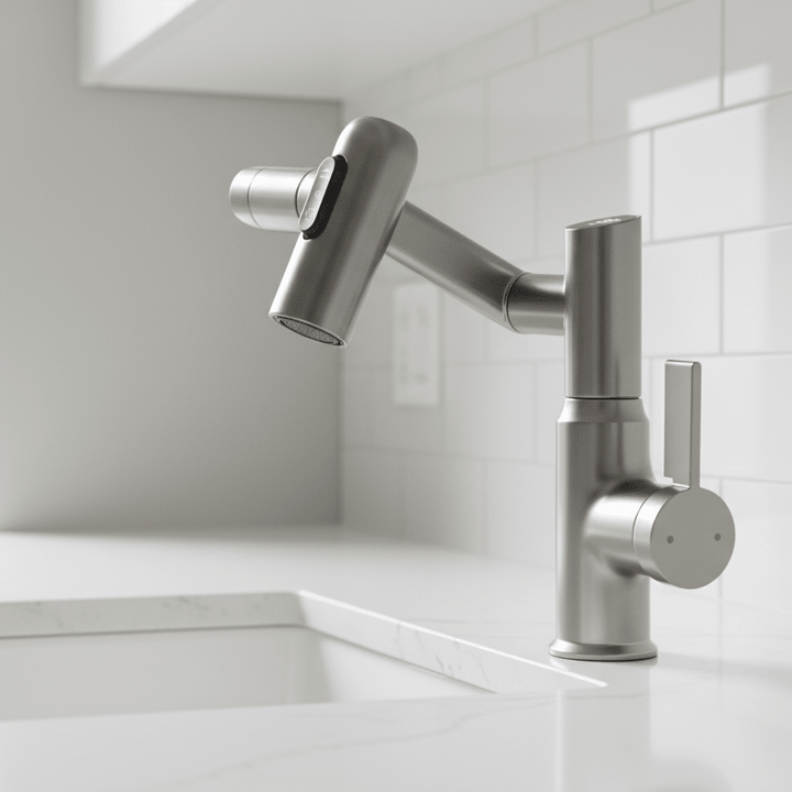 Modern 360° swivel bathroom faucet with LED temperature display for precise control.