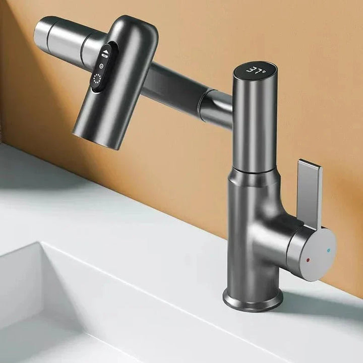 Smart kitchen faucet featuring LED temperature display & 360° swivel for versatile use.