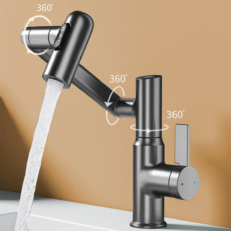 Universal chrome smart faucet with an integrated LED temperature display and full 360° swivel.